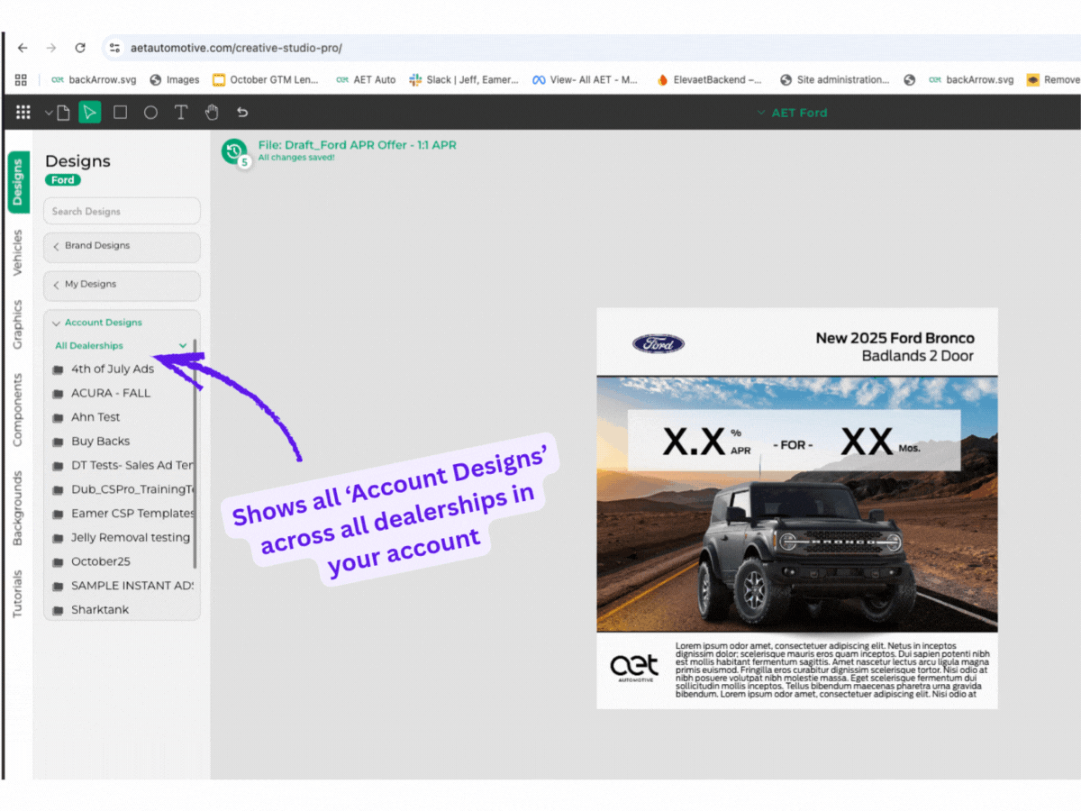Shows all ‘Account Designs’ across all dealerships in your account